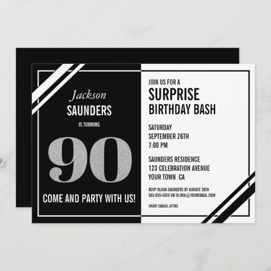Modern Zwart Wit 90ste Verrassingsverjaardag Kaart (Voorkant / Achterkant)