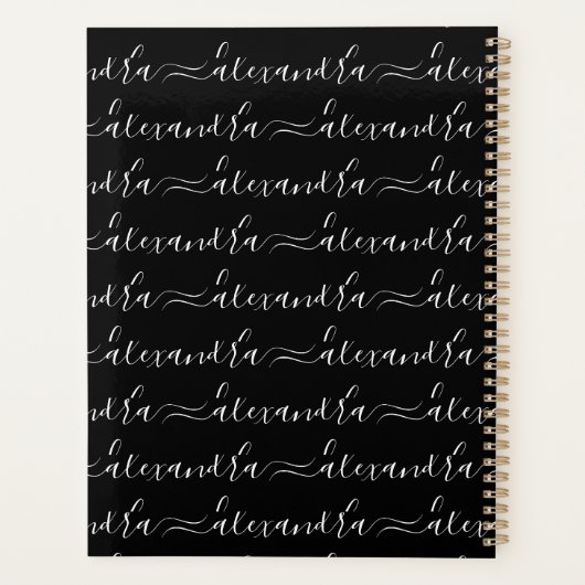 Modern zwart-wit aangepaste scriptnaampatroon planner (Achterkant)