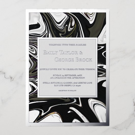 Modern zwart-wit Abstract minimalistisch huwelijk Folie Uitnodiging (Voorkant)