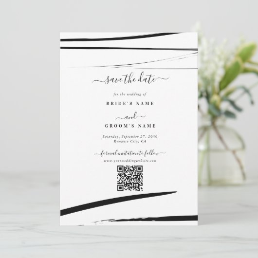 Modern Zwart Wit Abstract QR Code Wedding Save The Date (Staand voorkant)