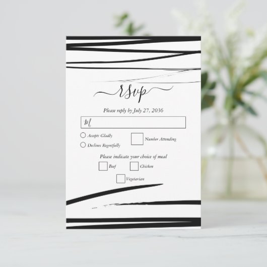 Modern zwart wit Abstracte bruiloft RSVP Kaartje (Staand voorkant)