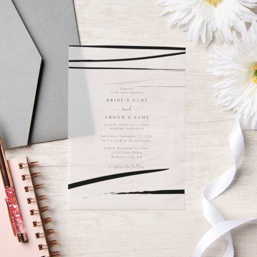 Modern zwart wit Abstracte bruiloft Vellum Uitnodigingen (Huwelijk)