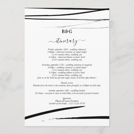 Modern zwart wit Abstracte huwelijksreis Programmakaart (Achterkant)