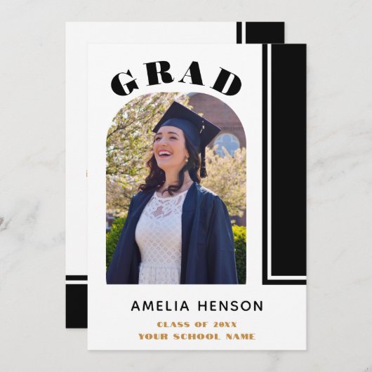 Modern Zwart Wit Afstudeerder Foto Afstuderen Aankondiging (Voorkant / Achterkant)