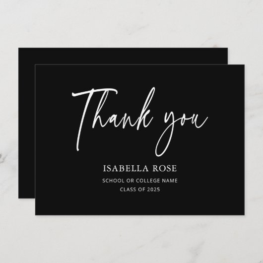 Modern zwart-wit Afstuderen Bedankkaart (Voorkant / Achterkant)