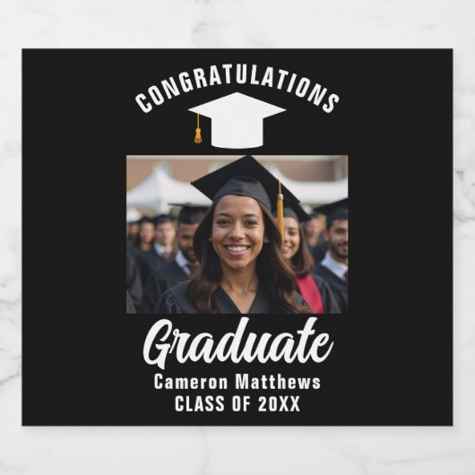 Modern zwart wit Afstuderen foto afstudeerfeest Bier Etiket (Enkel label)