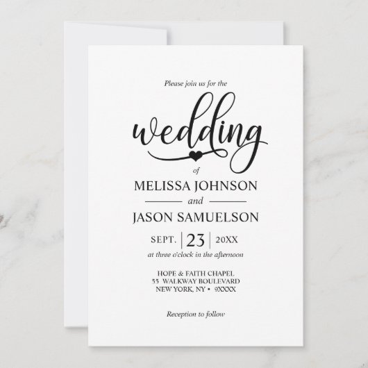 Modern Zwart Wit ALL IN ONE Bruiloft + QR-code Kaart (Voorkant)