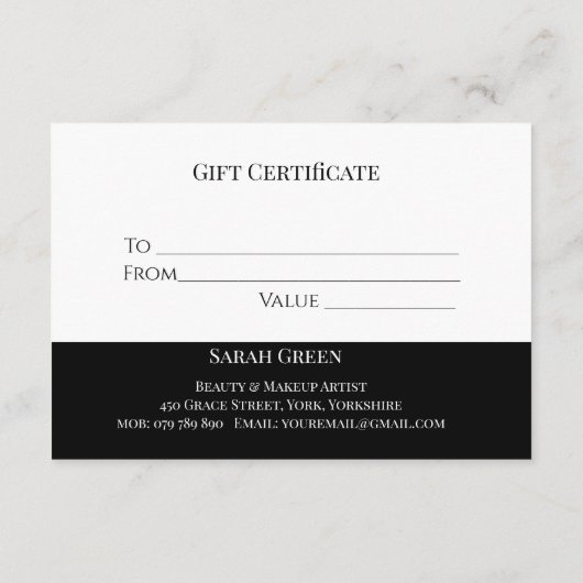 Modern Zwart-wit Beauty Cadeaubon Informatiekaartje (Achterkant)