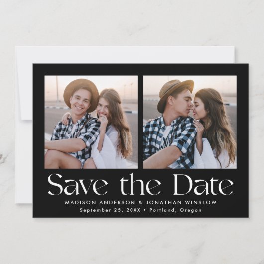 Modern zwart-wit belettering 2 foto save the date (Voorkant)