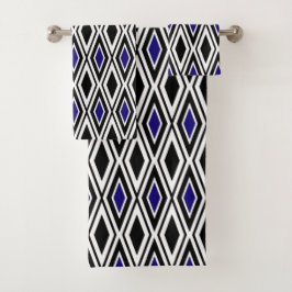 Modern zwart-wit-blauw diamantpatroon bad handdoek