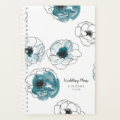 Modern zwart wit Blauwgroen anemoon bloempatroon Planner (Voorkant)