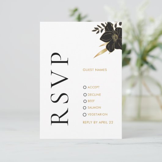 Modern Zwart Wit, Bloemen Bruiloft RSVP Fotokaart (Staand voorkant)