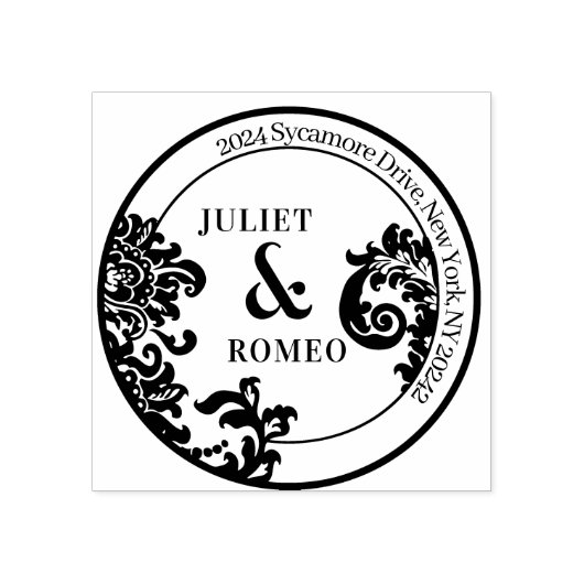 Modern Zwart & Wit Bloemen Damask Bruiloft Paar Rubberstempel (Afrduk)