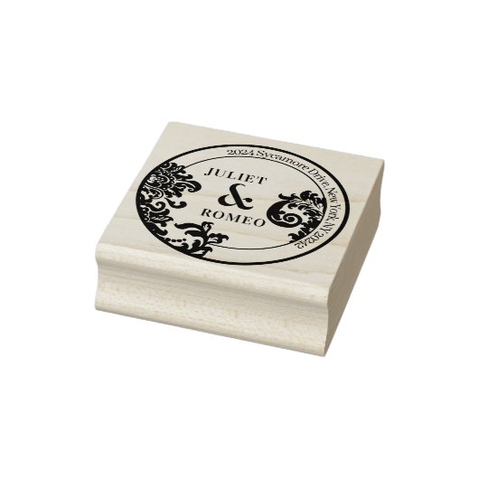 Modern Zwart & Wit Bloemen Damask Bruiloft Paar Rubberstempel (Stempel)