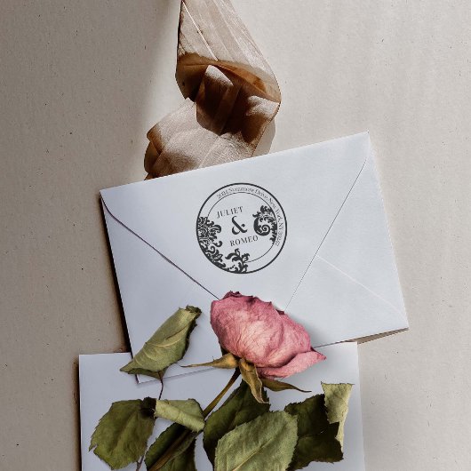 Modern Zwart & Wit Bloemen Damask Bruiloft Paar Zelfinktende Stempel