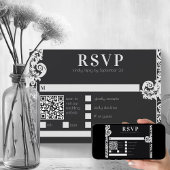 Modern Zwart-wit Bloemen Damast Bruiloft RSVP Kaart