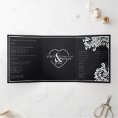 Modern Zwart Wit Bloemen Damast Elegant Bruiloft Drieluik Programma (Binnen)