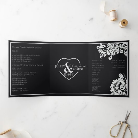 Modern Zwart Wit Bloemen Damast Elegant Bruiloft Drieluik Programma (Binnen)