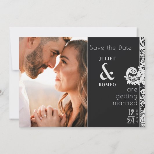 Modern Zwart-wit Bloemen Damast Save The Date Kaart (Voorkant)