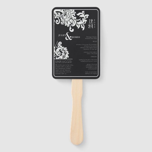 Modern Zwart Wit Bloemen Damast Trouwprogramma Handwaaier (Voorkant)