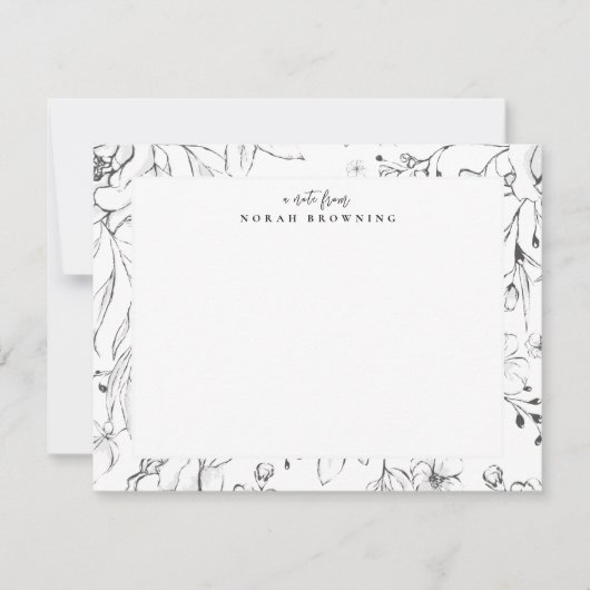 Modern zwart-wit bloemen gepersonaliseerd script notitiekaartje (Voorkant)