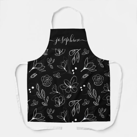 Modern Zwart Wit Bloemen lineart gepersonaliseerd Schort (Voorkant)