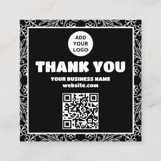 Modern Zwart Wit Bloemen QR code Bestellen dank u Vierkante Visitekaartje (Voorkant)
