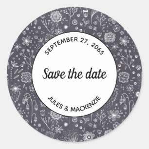 Modern Zwart Wit Bloemen Save the Date Bruiloft Ronde Sticker