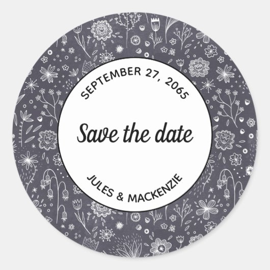 Modern Zwart Wit Bloemen Save the Date Bruiloft Ronde Sticker (Voorkant)