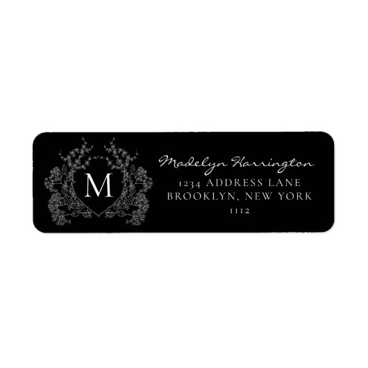 Modern zwart-wit bloemenbekermonogram etiket (Voorkant)