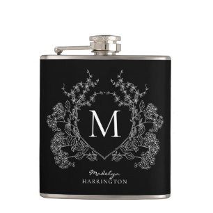 Modern zwart-wit bloemenbekermonogram heupfles
