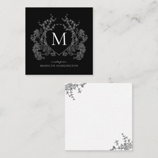 Modern zwart-wit bloemenbekermonogram notitiekaartje (Voorkant / Achterkant)