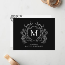 Modern zwart-wit bloemenbekermonogram notitiekaartje