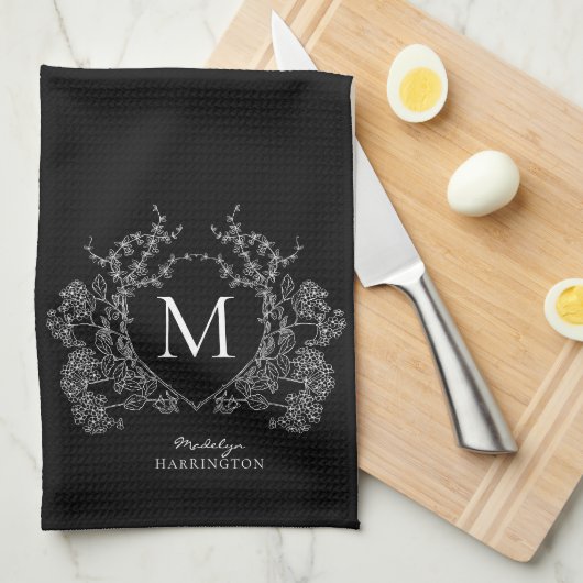 Modern zwart-wit bloemenbekermonogram theedoek (Quarter Fold)