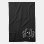 Modern zwart-wit bloemenbekermonogram theedoek (Verticaal)