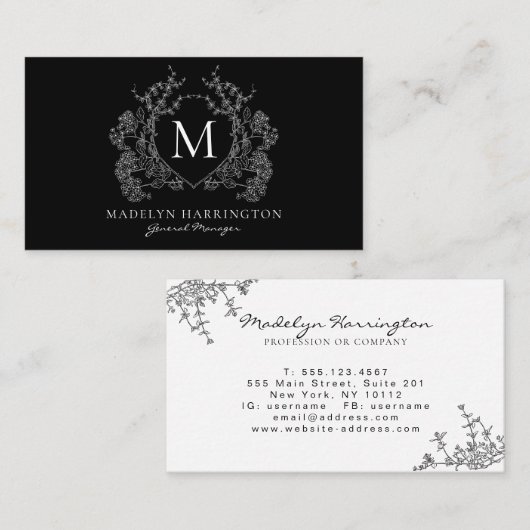 Modern zwart-wit bloemenbekermonogram visitekaartje (Voorkant / Achterkant)