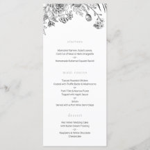 Modern zwart-wit bloemenbruiloft menu