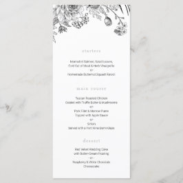 Modern zwart-wit bloemenbruiloft menu