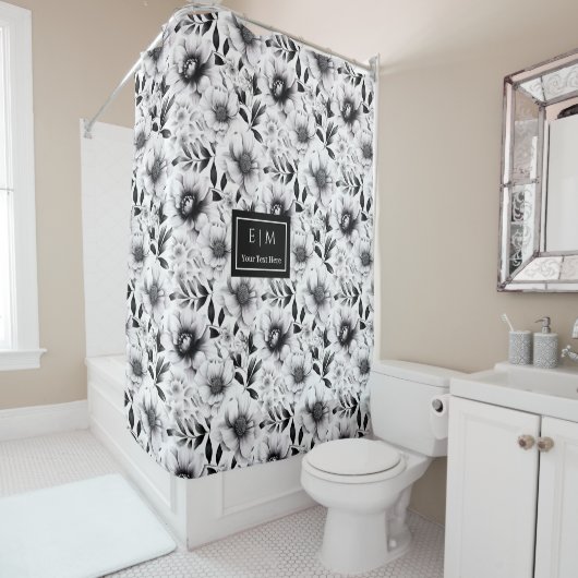 Modern zwart-wit bloemengordijn voor bad douchegordijn (In situ)