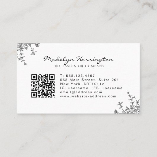Modern zwart wit bloemenkam monogram QR-code Visitekaartje (Achterkant)