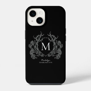 Modern zwart-wit bloemenkroon monogram iPhone 14 hoesje