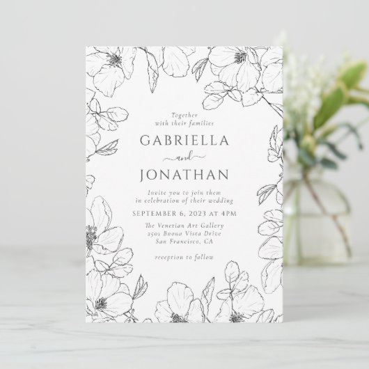 Modern Zwart Wit Bloemenlijn Kunst Bruiloft Kaart (Staand voorkant)