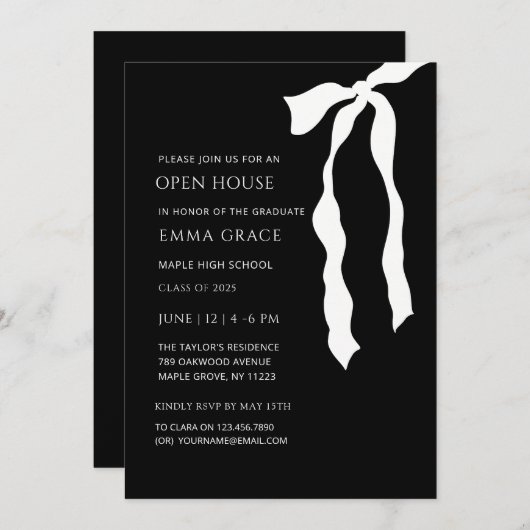 Modern zwart-wit boeg Open huis Afstuderen Kaart (Voorkant / Achterkant)