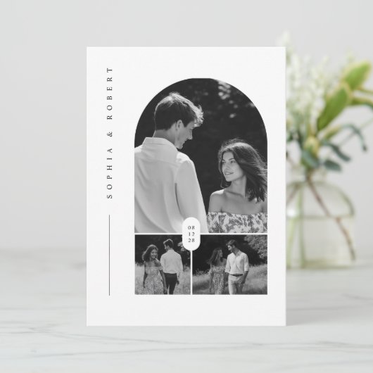 Modern zwart-wit Boho foto bruiloft uitnodiging (Staand voorkant)