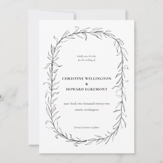 Modern Zwart Wit Botanische krans bruiloft Save The Date (Voorkant)
