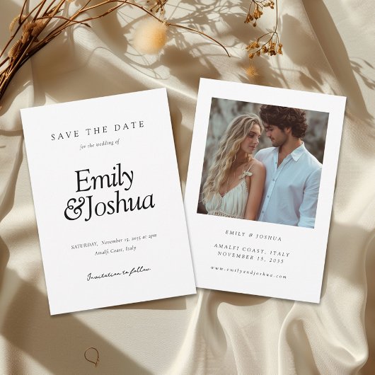Modern zwart-wit bruiloft met foto save the date