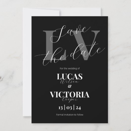 Modern Zwart-wit bruiloft opslaan van de datum Kaart (Voorkant)