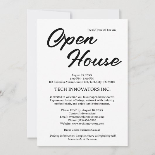 Modern Zwart & Wit Business Open Huis Kaart (Voorkant)