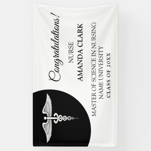 Modern zwart-wit Caduceus Nursing Afstuderen Spandoek (Verticaal)
