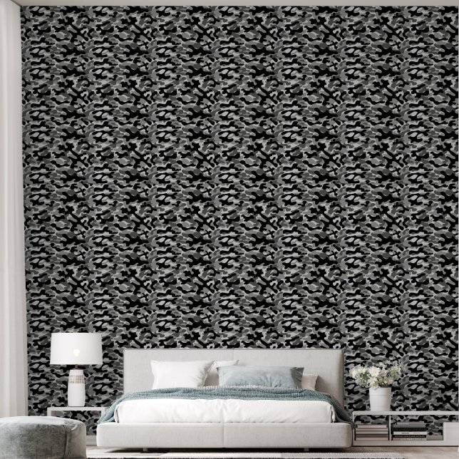 Modern zwart-wit camouflagepatroon behang (Slaapkamer)